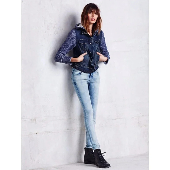 Free People Mixed Media Distressed Denim Jacket  with Knit Sleeves - Picture 3 of 16
